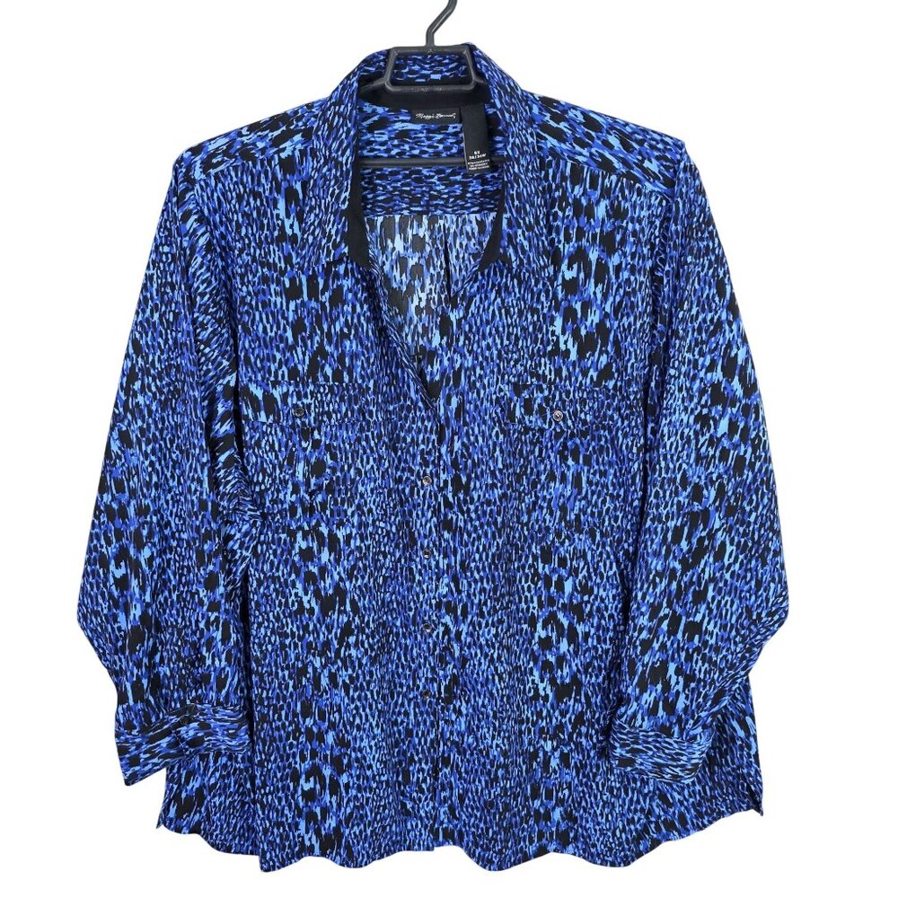 Womens Maggie Barnes Blue & Black Leopard Print Long Sleeve Button Up Size 5X